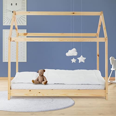 ML-Design Kinderbett 80x160 cm mit Dach und Lattenrost, Natur, Hausbett für Mädchen und Jungen, Kinderhaus aus massivem Kiefernholz, Stabiles Jugendbett, Massivholz Kinder Bett, Bettenhaus Spielbett