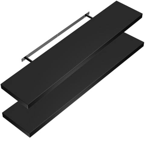 Casaria® 2X Wandregal Holz Schwarz Hängeregal mit Halterung 15kg Tragkraft Küche Wohnzimmer Flur Regal Schweberegal Bücherregal Holzregal Matt 110cm