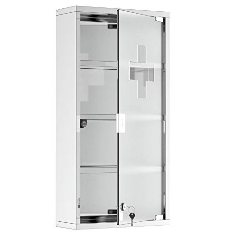 HOMCOM Medizinschrank Arzneischrank aus Edelstahl, Abschließbar Medikamentenschrank mit 4 Fächern, Glastür Apothekerschrank zur Medikamenten-Aufbewahrung, 30 x 12 x 60 cm