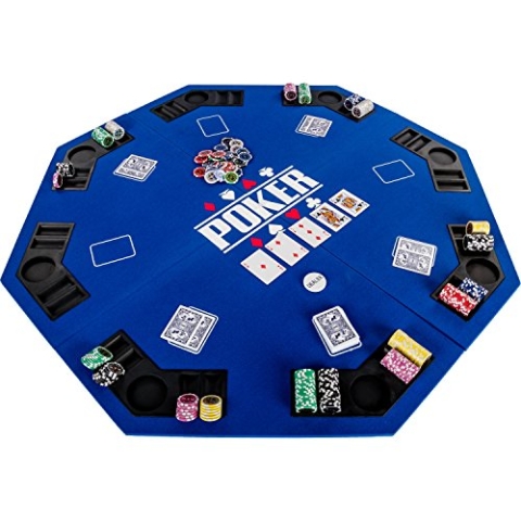 GAMES PLANET Faltbare Pokerauflage „Full House“ für bis zu 8 Spieler, achteckig, Maße 120x120 cm, MDF Platte, Getränkehalter, Chiptrays, Blau