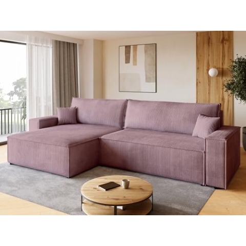 BROMARKT Sofa mit Schlaffunktion Couch L Cordstoff Sofa Bettkasten Schlafsofa für Wohnzimmer Ecksofa freistehend Adi XL Relaxsofa 3 sitzer 272x143x85 cm Rosa