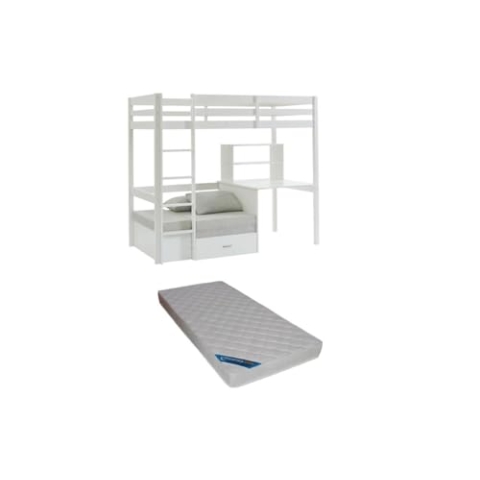 Vente-unique-Hochbett mit Schreibtisch, Schlafsofa & Stauraum + Matratze - 90 x 200 cm - massives Kiefernholz - Weiß - Goliath III