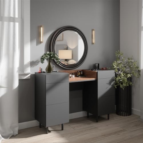 Vicco Schminktisch Anika, Kosmetiktisch, Anthrazit/Nussbaum, 120 cm mit 6 Schubladen