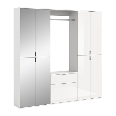 xonox.home Systemmöbel Projekt X 4tlg. Kombination Garderobe Ankleidezimmer Schranklösung Büro Ordnungssystem in Front weiß Hochglanz/Spiegel Korpus weiß Nb., ca. 183x193x34 cm