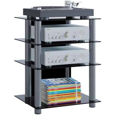 VCM HiFi Möbel | Rack Schrank Phono Regal | Alusäulen | ESG-Glasböden | Maße: H. 70 x B. 59 x T. 48 cm | Phono Mediaregal - Bilus Schwarzglas