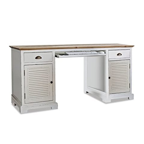Loberon Schreibtisch Belleplain, Integrierter Tastaturauszug, viel Stauraum, Zweifarbige Verarbeitung mit Antik-Finish, Bürotisch, Pappelholz, Tannenholz, Eisen, weiß/braun