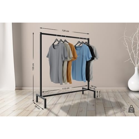 CLP Kleiderständer Melva I Garderobenstange Aus Metall I Freistehende Kleiderstange Schwarz, Farbe:schwarz, Größe:120x38x120