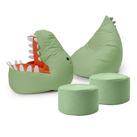 Lumaland Kindersitzsack-Set Dino, 4-TLG. | Sitzsack für Outdoor & Indoor| Sessel BZW. Kindersofa mit Füllung, ideal fürs Kinderzimmer | 1 x Dino, 1 x Monster & 2 x Pouf
