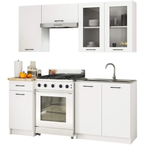 AKORD Küchenmöbel-Set OLIWIA 1.8m H720 Modulares 180 cm 7 Türen 1 Schublade 8 Regalböde, Küche Komplett, Kitchen Cabinet Set, Küchenschränke, Standschränke, B180xH203xT46 cm, Weiß & Weiß