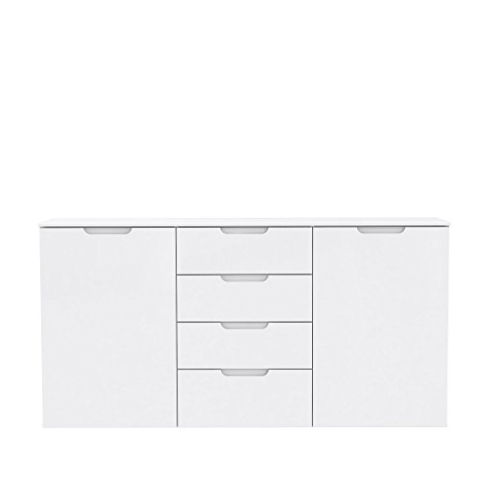 FORTE Sienna Kommode mit 2 Türen und 4 Schubladen , Holzwerkstoff, Weiß/ Weiß Hochglanz, 164.6 x 34.1 x 84.9 cm