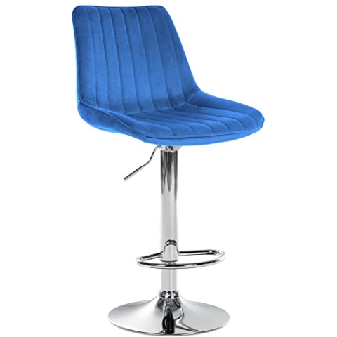 CLP Barhocker Toni Samt | Höhenverstellbarer Thekenhocker mit Rückenlehne | Barstuhl mit Metallgestell, Farbe:blau, Gestell Farbe:Chrom