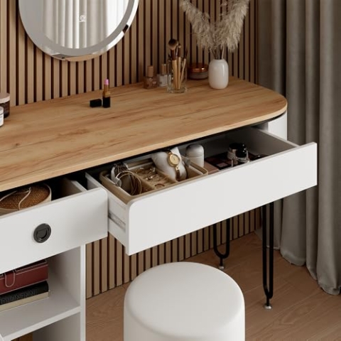 Vicco Schminktisch Mia, Kosmetiktisch mit Spiegel, Weiß/Naturholz, 120 cm mit LED-Spiegel