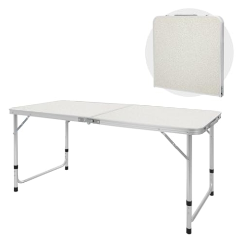 ECD Germany Campingtisch Klapptisch mit Tragegriff 120x60x55/63/70 cm Weiß Creme aus Aluminium und MDF - höhenverstellbar, klappbar - Falttisch Gartentisch Balkontisch Reisetisch Arbeitstisch Tisch