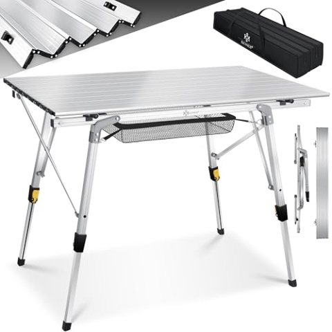 KESSER® Campingtisch faltbar Klapptisch mit Aluminiumrahmen Aufrollbare Tischplatte Falttisch klappbar Höhenverstellung 90 x 53cm - bis 30 kg inkl. Tragetasche mit Trageband & Netztasche, Silber