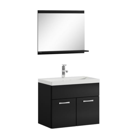 Badplaats B.V. Badezimmer Badmöbel Set Montreal 02 60cm Waschbecken Hochglanz Schwarz Fronten - Unterschrank Waschtisch Spiegel Möbel