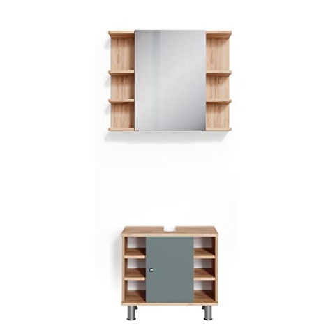 Vicco Badmöbel-Set Fynn, Badezimmerschrank-Set, Grün/Goldkraft Eiche, 2 Teile