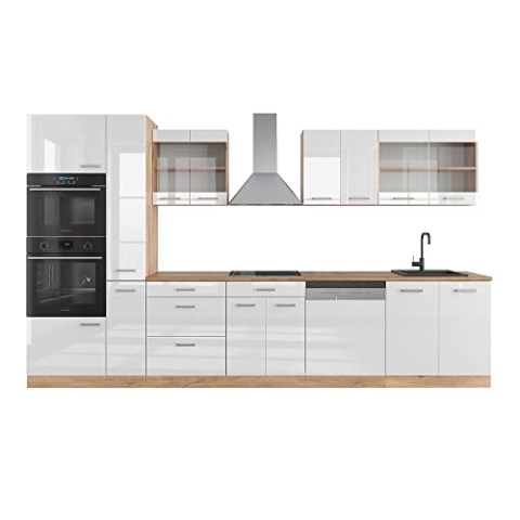 Vicco Küchenzeile R-Line, Weiß Hochglanz/Goldkraft Eiche, 350 cm mit Hochschrank, AP Eiche
