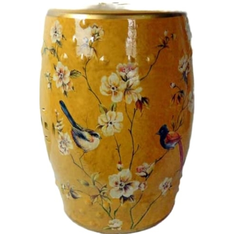 Fine Asianliving Keramik Hocker Gelb Vögel Handgefertigt - Helia D30xH45cm China Keramik Gartenhocker Porzellan Glasierte Keramik Stool Chinesische Hocker Drum Garden Stool