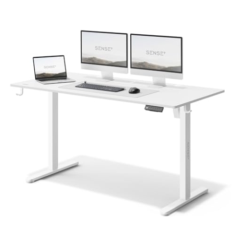 SENSE7 Höhenverstellbarer Schreibtisch elektrisch NOJO, Standing Desk 140x70, PC Tisch mit Memory, Stehschreibtisch mit Kabel Tray, Gaming Tisch mit Haken, geräuscharme Höhenverstellung, White