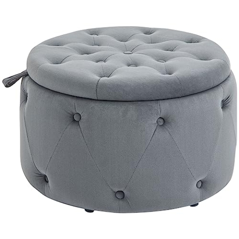HOMCOM Sitzhocker mit Stauraum, Polsterhocker Aufbewahrungsbox mit Deckel, Runde Ottomane, Sitztruhe mit Samtoptik, Knöpfen für Wohnzimmer, Grau, Ø60 x 40 cm