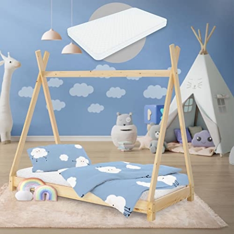ML-Design Kinderbett Tipi 80x160 cm Natur mit Matratze & Lattenrost, Indianer Bett aus Massivholz, Kiefernholz, Hausbett für Mädchen & Jungen, Kinderhaus Jugendbett Holzbett Bettenhaus Spielbett Zelt