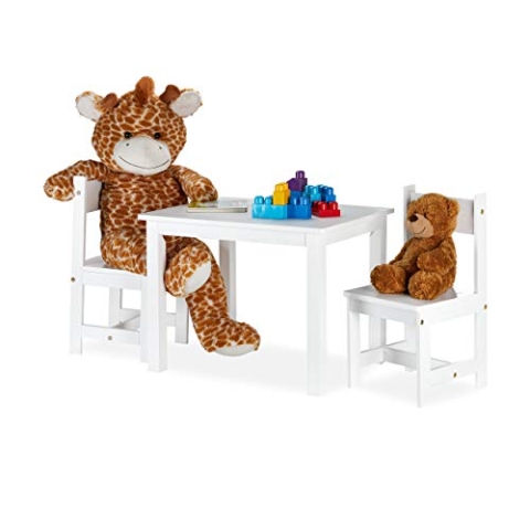 Relaxdays Kindersitzgruppe, Maltisch mit 2 Kinderstühlen, modern, Kinderzimmer, drinnen, Kindersitzecke aus MDF, weiß