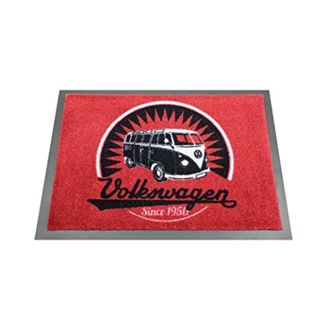 BRISA VW Collection - Volkswagen Fuß-Matte-Tür-Vorleger-Schuh-Schmutzfang-Abstreifer mit T1 Bulli Bus Motiv (Vintage Logo/Rot)
