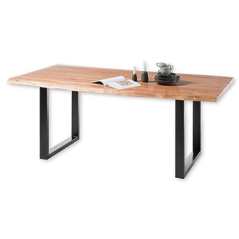INDIA Esstisch Baumkante Massivholz Akazie - Hochwertiger Baumkantentisch mit schwarzem Metallgestell für Ihr Esszimmer - 180 x 77 x 90 cm (B/H/T)