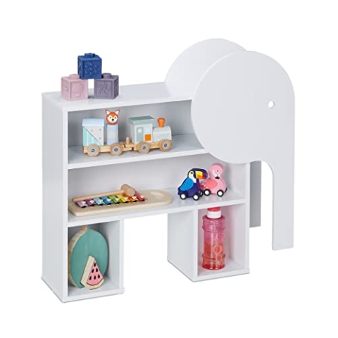 Relaxdays Kinderregal Elefant, 4 Fächer, Bücherregal Kinder, H x B x T: 60,5 x 64,5 x 20,5 cm, Kinderzimmer Regal, weiß