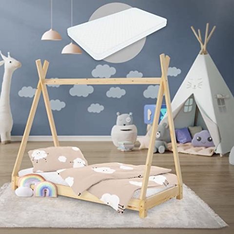 ML-Design Kinderbett Tipi 70x140 cm Natur mit Matratze & Lattenrost, Indianer Bett aus Massivholz, Kiefernholz, Hausbett für Mädchen & Jungen, Kinderhaus Jugendbett Holzbett Bettenhaus Spielbett Zelt