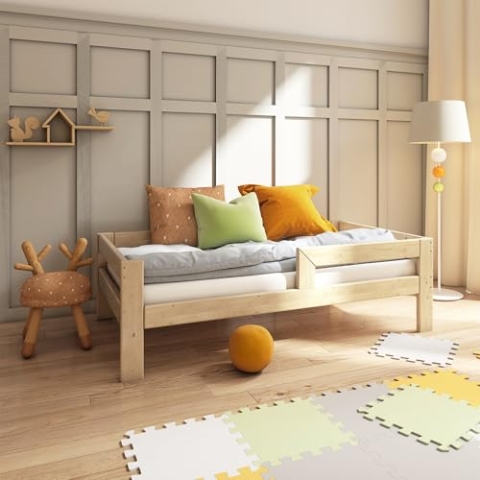Need Sleep Montessori Bett Kinder Kinderbett 90x200 cm mit Rausfallschutz und Lattenrost Juniorbett Kleinkind Kleinkindbett Jugendbett für Mädchen und Jungen aus Holz