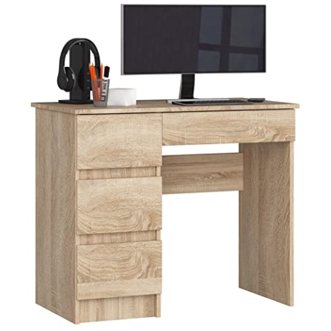 AKORD Schreibtisch A7 90 cm | 4 Schubladen Links | Computertisch | Für Zuhause | Für das Büro | Für die Arbeit | B90 x H77 x T50 cm | Gewicht 30,5 kg | Sonoma Eiche/Sonoma Eiche