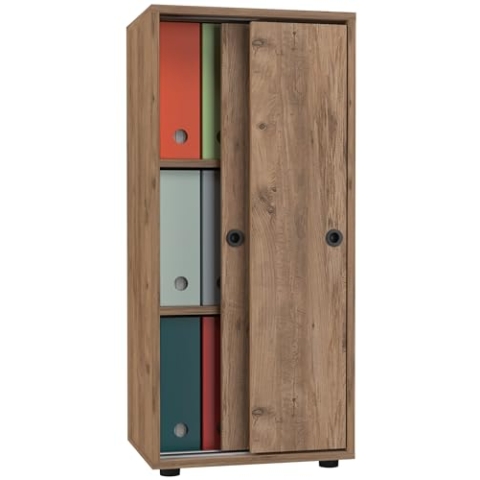 VCM Büroschrank mit 3 Fächern | moderner Aktenschrank mit Schiebetüren | Maße ca. H. 109 x B. 49 x T. 38 cm – Ulas 3-Fach Honig-Eiche