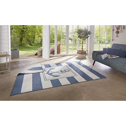 NORTHRUGS In- und Outdoor Teppich Gandara 160x230cm - Wendeteppich Wetterfest Modernes Design mit Anker-Motiv Läufer für Balkon Terrasse Garten Wintergarten Wohnzimmerteppich Wasserfest in Blau Creme