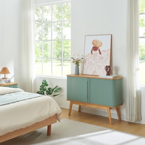 [en.casa] Kommode Tysvær Sideboard mit 2 Schiebetüren Blau Mehrzweckschrank 110 x 40 x 80 cm Wohnzimmerschrank Bambus Buffetschrank