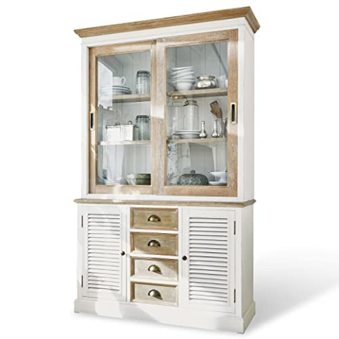 Loberon Schrank Moosehide, Klassischer Landhaus-Stil, von Hand Gefertigt & Veredelt, Antik-Finish, Edler Farbkontrast, Buffetschrank, Paulowniaholz, Glas, antikweiß/braun