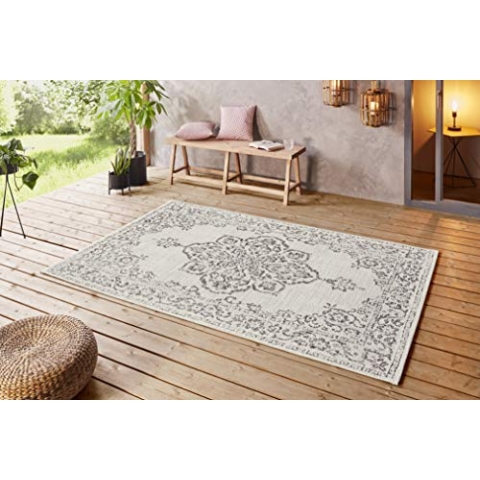 NORTHRUGS In- und Outdoor Teppich 80x150cm - Wetterfest Orientalisch Vintage-Design mit Medallion Läufer Terrassenteppich Balkonteppich Küchenläufer Badteppich Wohnzimmerteppich Wasserfest in Grau