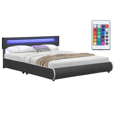Juskys Polsterbett Sevilla 180x200 cm mit LED Beleuchtung, Lattenrost & Kopfteil - Holz & Kunstleder - 16 Farbeinstellungen & Fernbedienung - Bett Bettgestell Doppelbett - Grau