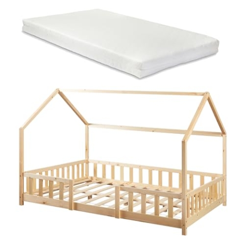 [en.casa] Kinderbett Sisimiut mit Matratze 140 x 200 cm Hausbett mit Rausfallschutz Holzbett für Kinder Bodenbett Lattenrost Kiefernholz Holzfarben