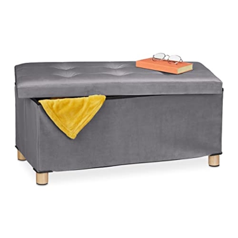 Relaxdays Sitzbank mit Stauraum, Polster, Samtbezug, Holzfüße, bis 120 kg, faltbar, Sitztruhe HBT 34x76x38 cm, anthrazit