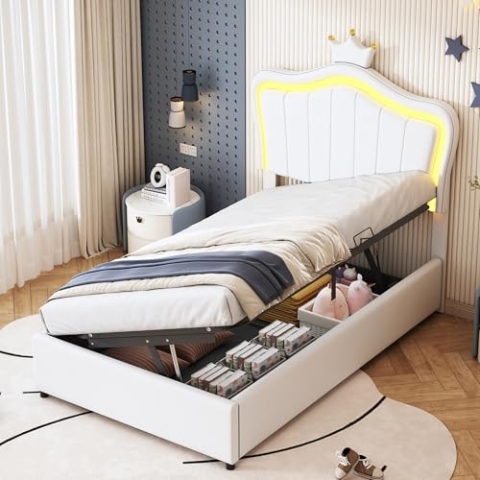 OKYION Kinderbett Polsterbett 90×200 cm mit LED-Licht, Jugendbett Einzelbett mit Verstellbares Kopfteil in Kronenform(Ohne Matratze), Boxspringbett Hydraulisches mit Bettkasten Stauraum, PU Weiß