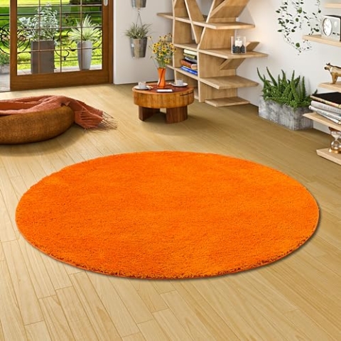Palace Hochflor Shaggy Teppich Orange Rund in 7 Größen