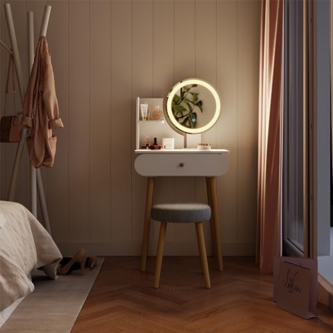 Vicco Schminktisch Edda, Kosmetiktisch mit Spiegel, Weiß, 60 cm mit LED-Spiegel und Hocker