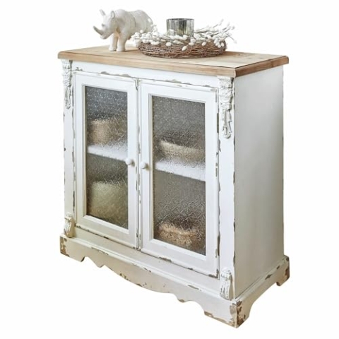 Loberon Kommode South Yarmouth, Vintage-Flair, Verspielte Verzierungen, Authentischer Antik-Look, Ornamentglas, Kommodenschrank, Tannenholz, Glas, Polyresin, antikweiß/braun