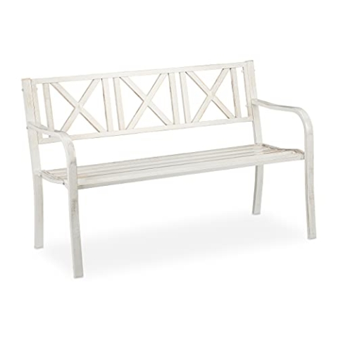 Relaxdays Gartenbank, 2 Sitzer, Terrasse, Balkon, Stahl, stabile Garten Sitzbank, HxBxT: 80,5 x 127 x 63 cm, weiß-bronze