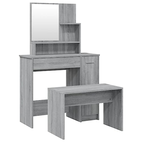 vidaXL Schminktisch Set Frisiertisch Kommode Frisierkommode Kosmetiktisch mit Hocker Spiegel Schminkhocker Schlafzimmer Grau Sonoma 86,5x35x136cm