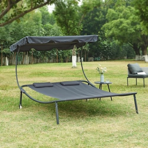 casa.pro Doppelliege Avigliano Gartenliege für 2 Personen 200 x 134 cm Outdoor-Liege mit Sonnendach wetterfest Sonnenliege Relaxliege Grau