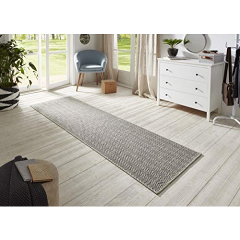 BT Carpet Nature Läufer In- und Outdoor – Schlingen Küchenläufer rutschfest Flachgewebe Kurzflor Woll-Optik Fineloop Küchenteppich für Flur, Garten, Terrasse, Badezimmer – Grau Anthrazit, 80x450cm