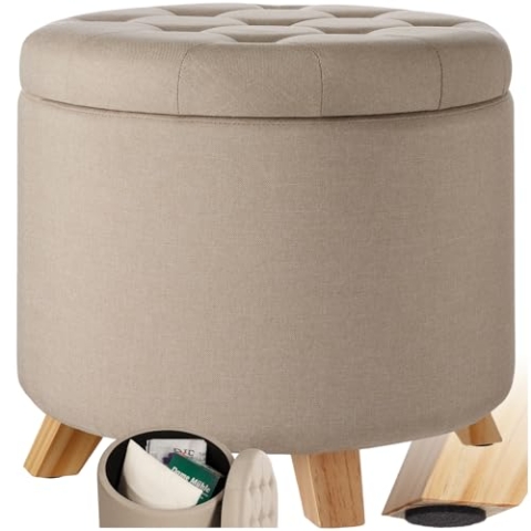 tectake® Hocker mit Stauraum, Sitzhocker mit Stauraum, Aufbewahrungsbox mit Deckel, Fußhocker, Hocker rund, Hocker Holz Beine, als Sitzbank Flur, im Wohnzimmer oder Schlafzimmer - Sand