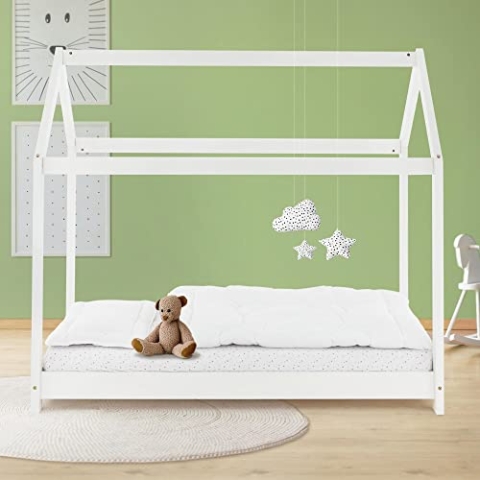 ML-Design Kinderbett 80x160 cm mit Dach und Lattenrost, Weiß, Hausbett für Mädchen und Jungen, Kinderhaus aus massivem Kiefernholz, Stabiles Jugendbett, Massivholz Kinder Bett, Bettenhaus Spielbett